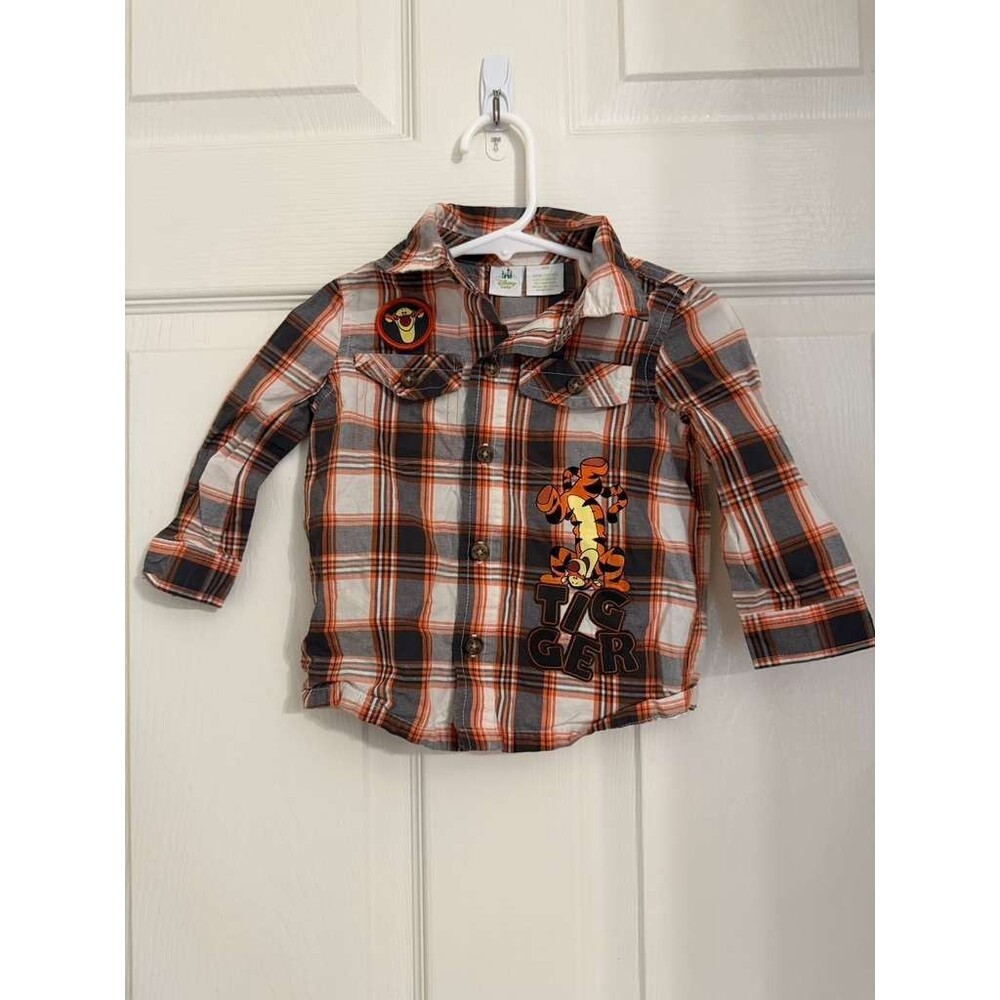 Vintage Disney Baby Tigger Plaid Button-Up Shirt 9M Orange Gray Long Sleeve